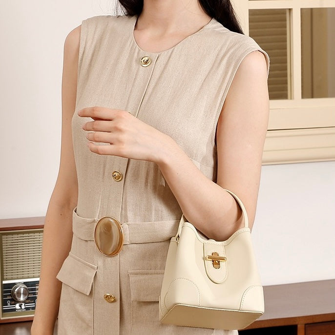 Mini-Eimer-Handtasche aus echtem Leder mit Premium-Verschluss, Umhängetasche für Damen