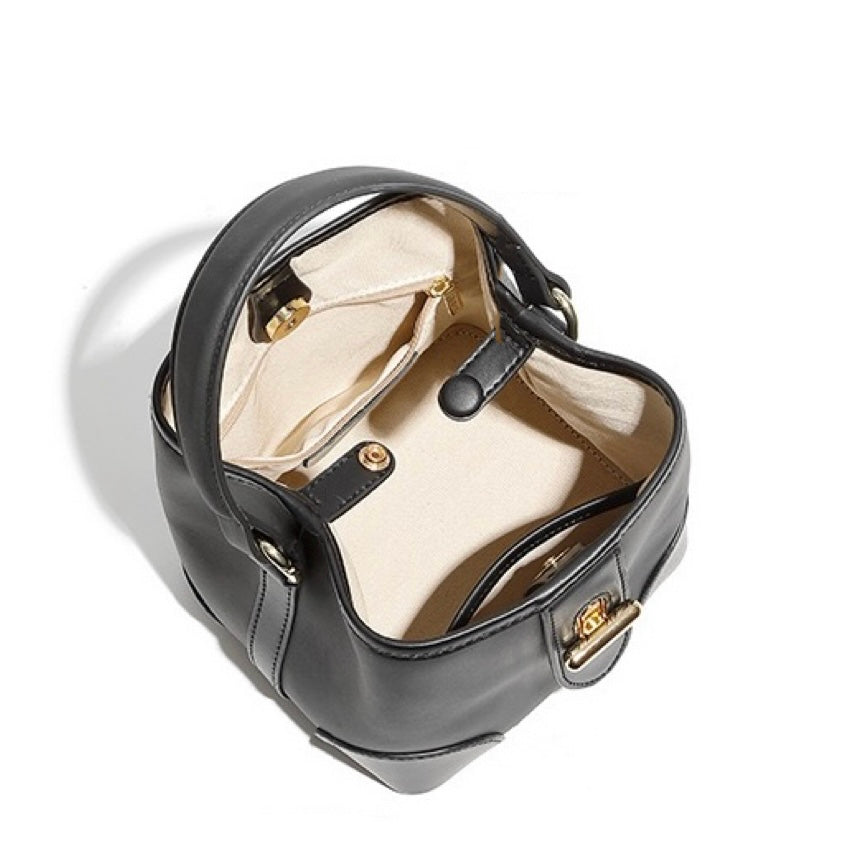 Mini-Eimer-Handtasche aus echtem Leder mit Premium-Verschluss, Umhängetasche für Damen