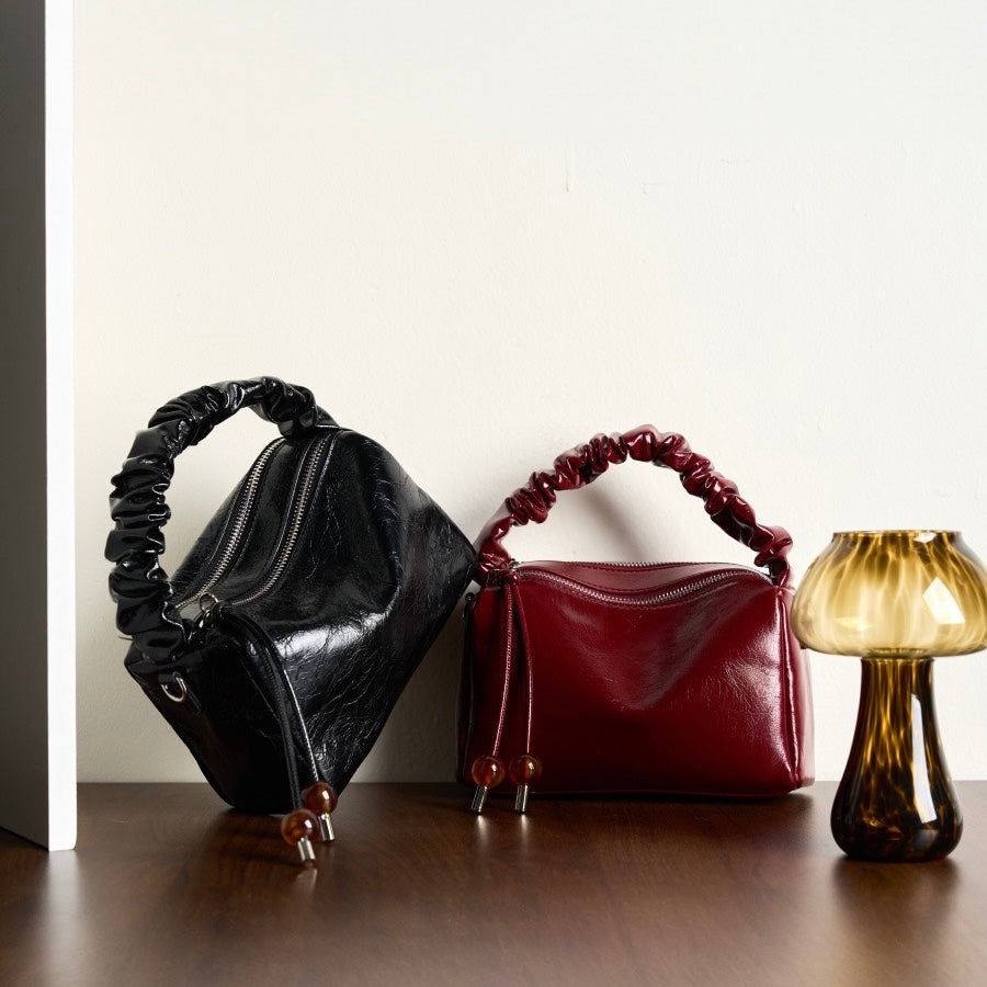 Sac à bandoulière en cuir véritable pour femme, avec perles, style boîte à bento