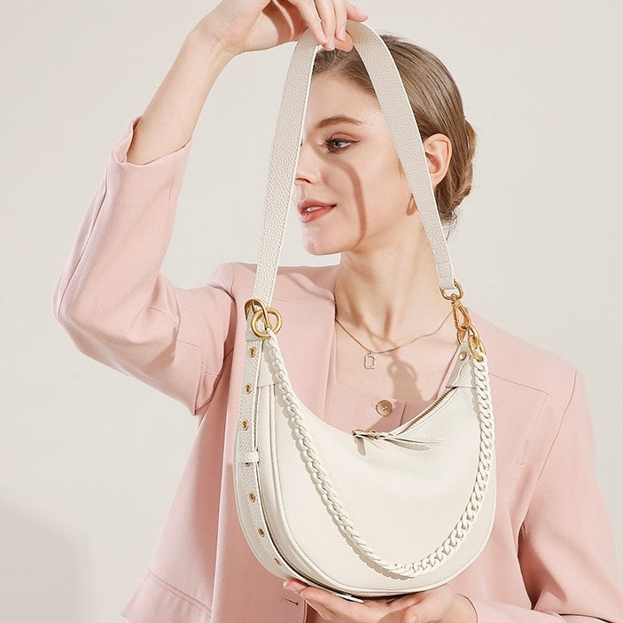 Sac baguette en cuir véritable pour femme avec chaîne de luxe