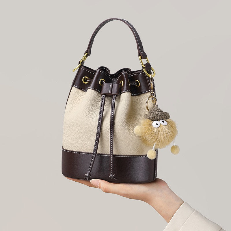 Women's Genuine Leather Pendant Decor Bucket Handbag Crossbody Bag
