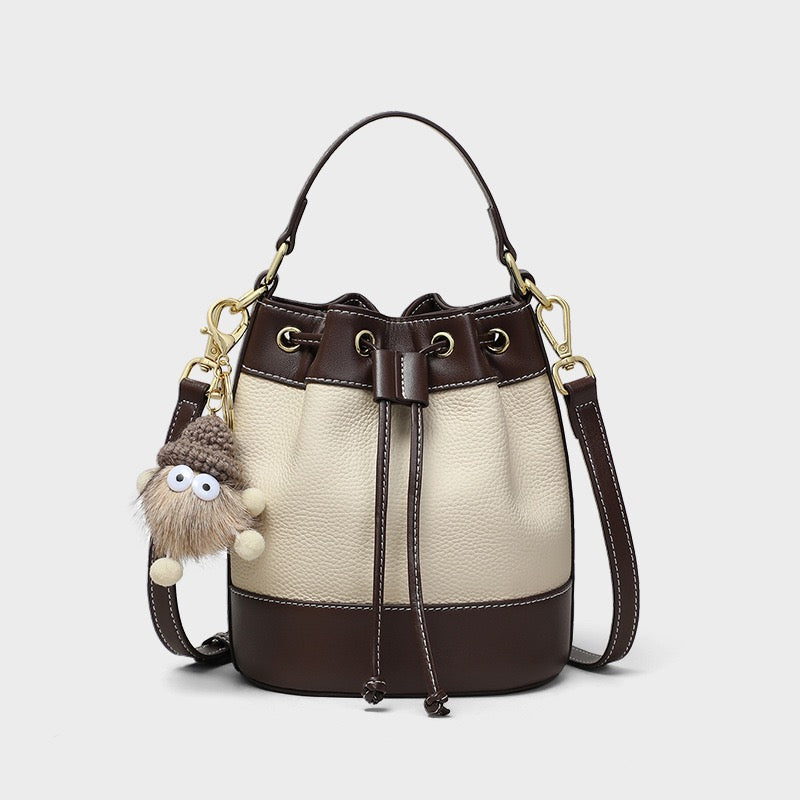 Women's Genuine Leather Pendant Decor Bucket Handbag Crossbody Bag