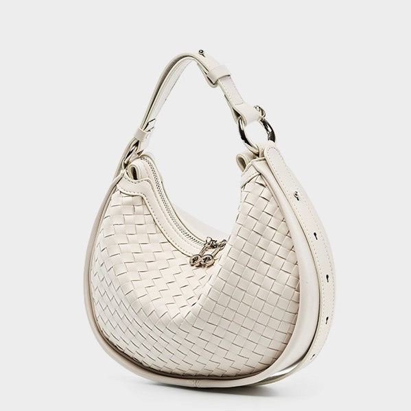 Sac bandoulière en cuir de vachette tissé à la main pour femme, motif croissant de lune