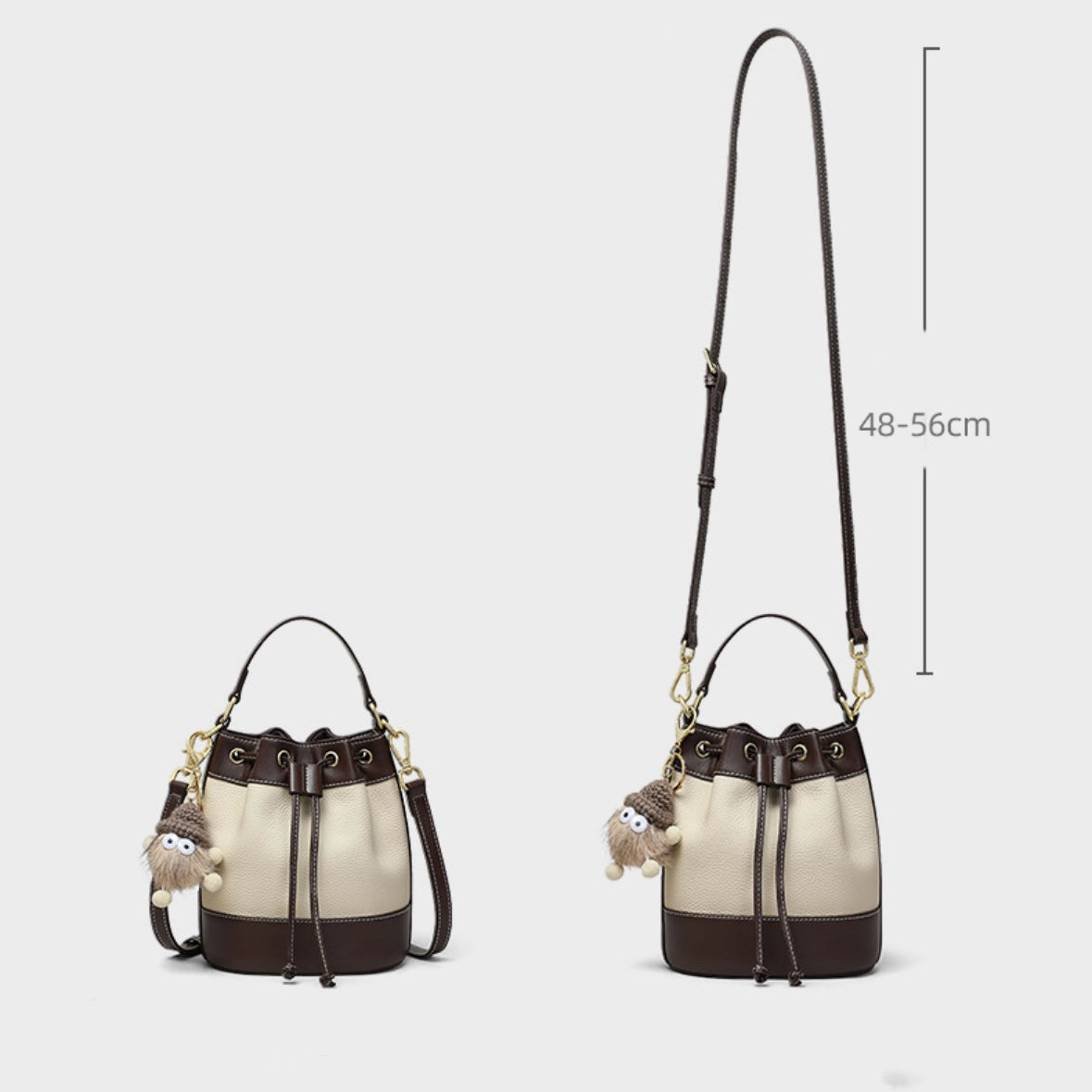 Women's Genuine Leather Pendant Decor Bucket Handbag Crossbody Bag