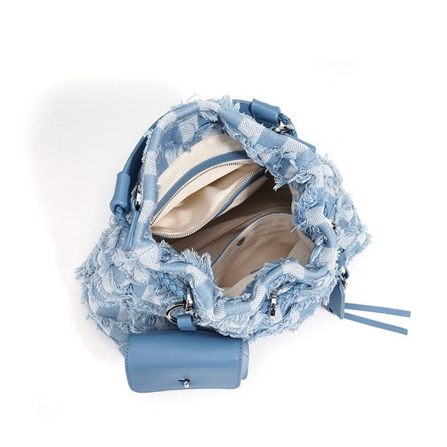 Damen-Umhängetasche aus echtem Leder und Denim in Colorblock-Optik