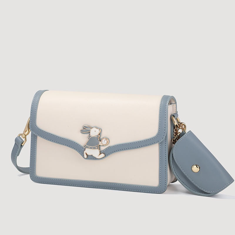 Damen Echtleder Blau Weiß Farbblock Kaninchen Kleine Quadratische Tasche