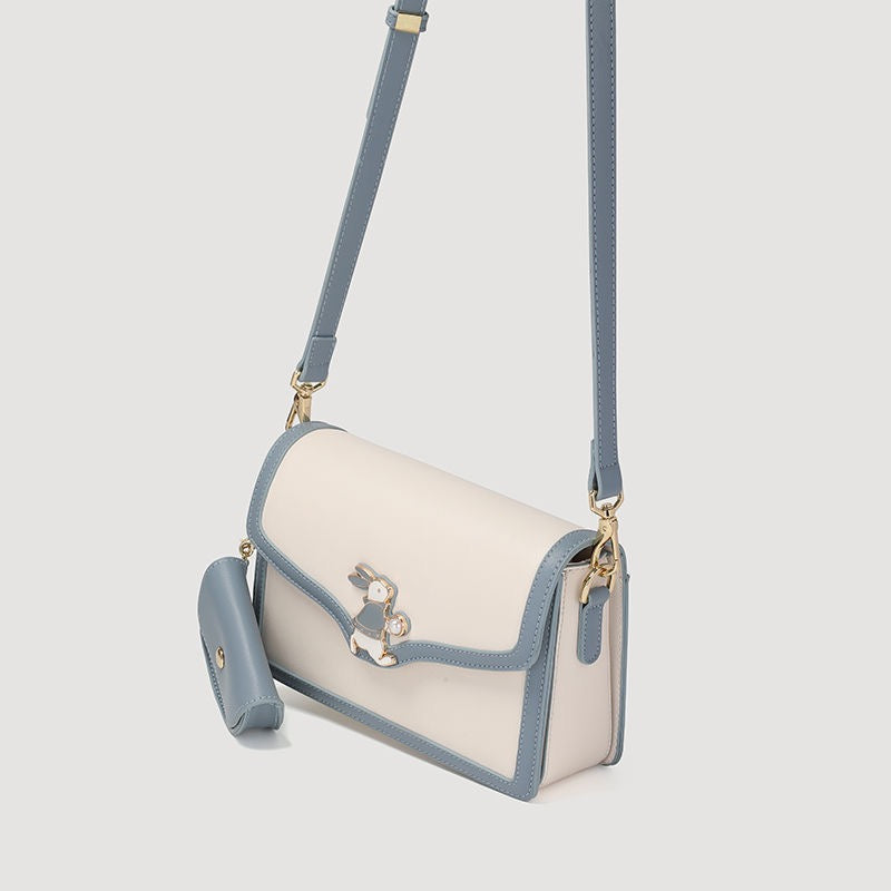 Damen Echtleder Blau Weiß Farbblock Kaninchen Kleine Quadratische Tasche