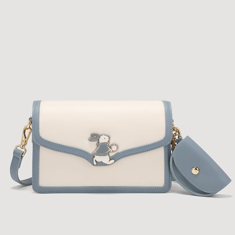 Damen Echtleder Blau Weiß Farbblock Kaninchen Kleine Quadratische Tasche