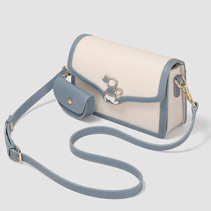 Damen Echtleder Blau Weiß Farbblock Kaninchen Kleine Quadratische Tasche