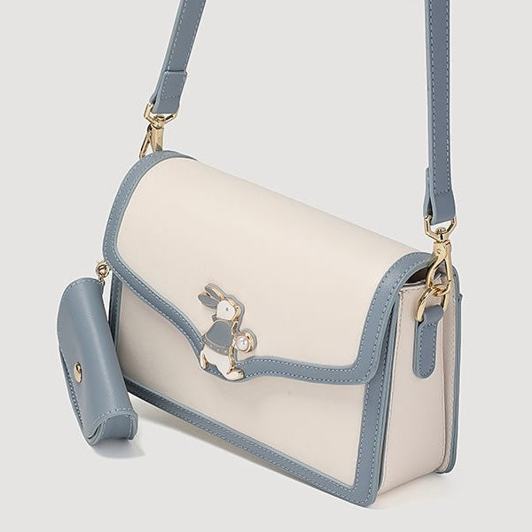 Damen Echtleder Blau Weiß Farbblock Kaninchen Kleine Quadratische Tasche