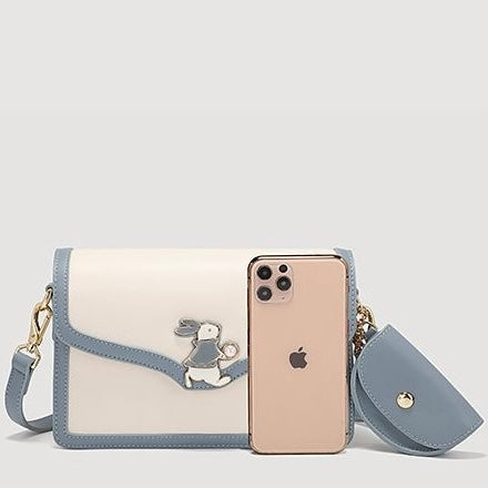 Damen Echtleder Blau Weiß Farbblock Kaninchen Kleine Quadratische Tasche