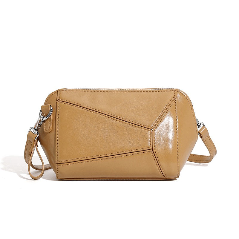 Damen Vintage Umhängetasche aus echtem Leder mit geometrischem Patchwork