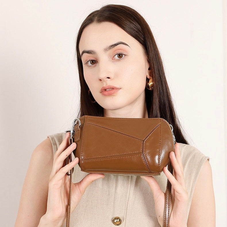 Damen Vintage Umhängetasche aus echtem Leder mit geometrischem Patchwork