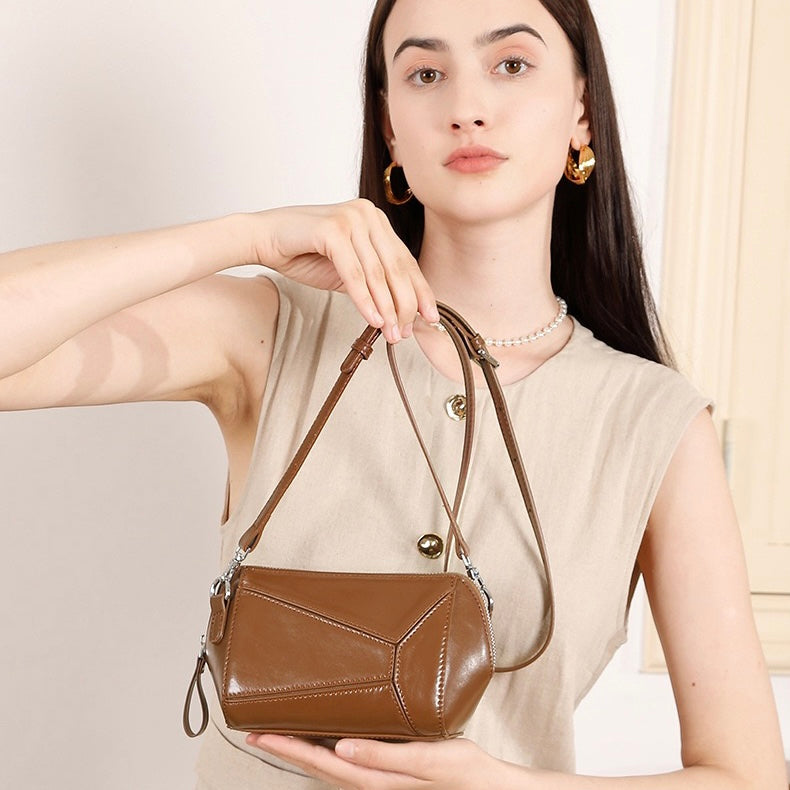 Damen Vintage Umhängetasche aus echtem Leder mit geometrischem Patchwork