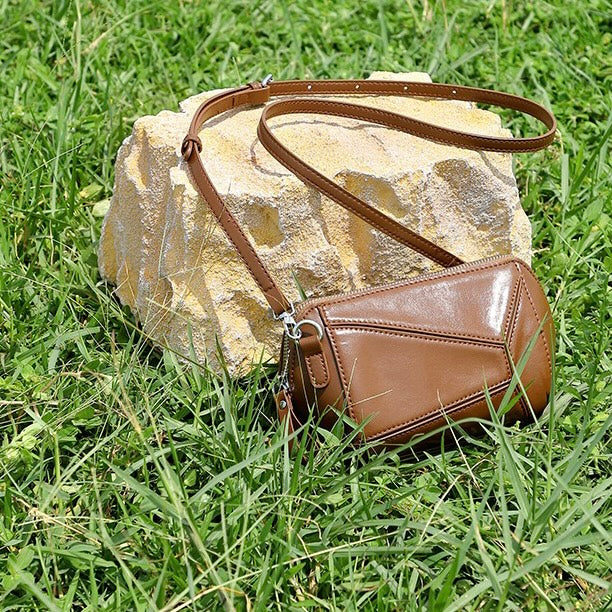 Damen Vintage Umhängetasche aus echtem Leder mit geometrischem Patchwork