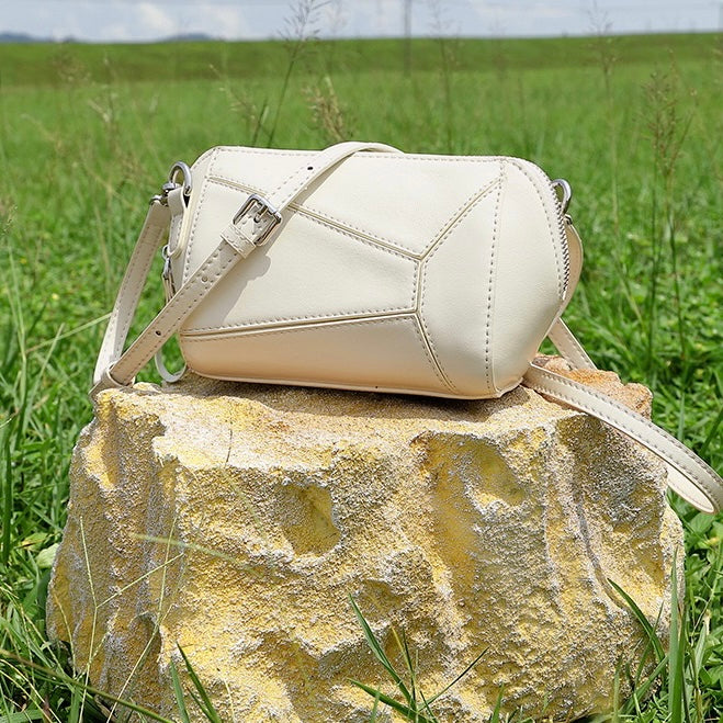 Damen Vintage Umhängetasche aus echtem Leder mit geometrischem Patchwork