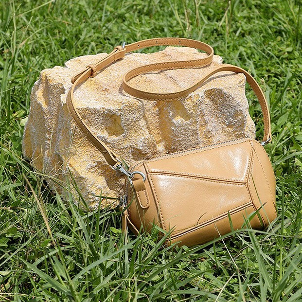 Damen Vintage Umhängetasche aus echtem Leder mit geometrischem Patchwork