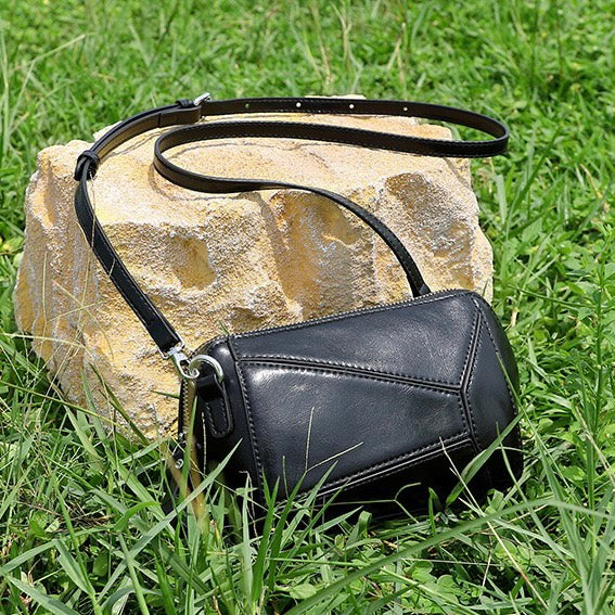 Damen Vintage Umhängetasche aus echtem Leder mit geometrischem Patchwork