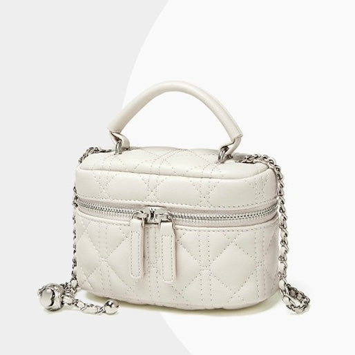 Exquisito bolso mini de cuero genuino para mujer con cadena de bolas dorada