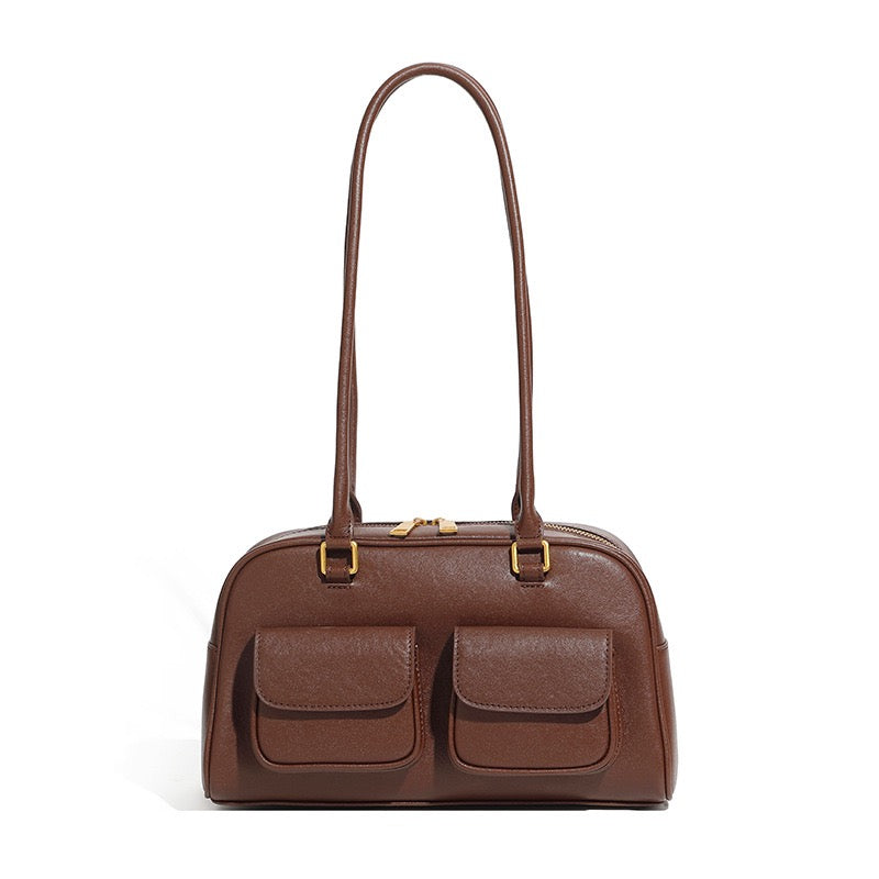 Vintage Damen Echtleder Bowling Bag Schultertasche