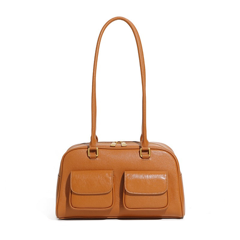 Vintage Damen Echtleder Bowling Bag Schultertasche