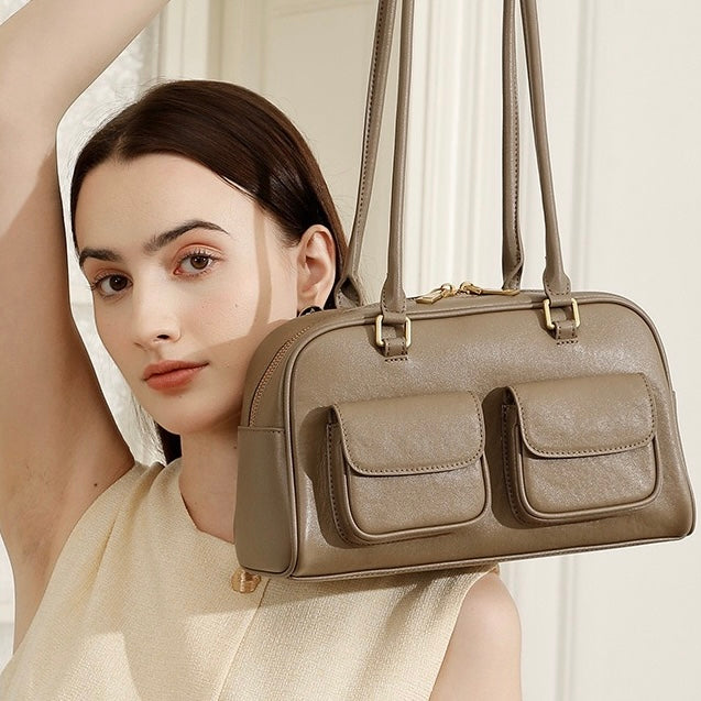 Vintage Damen Echtleder Bowling Bag Schultertasche
