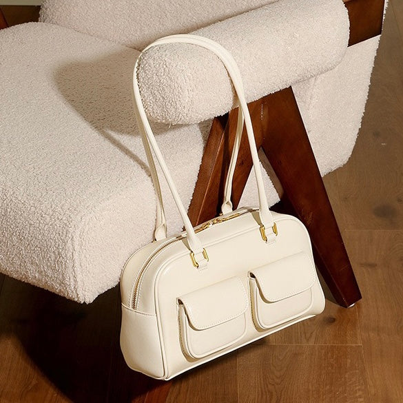 Vintage Damen Echtleder Bowling Bag Schultertasche