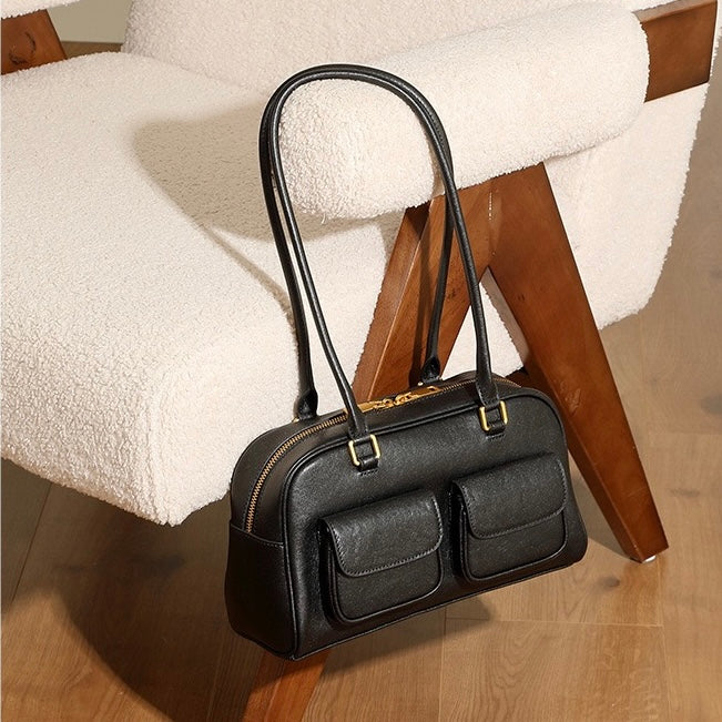 Vintage Damen Echtleder Bowling Bag Schultertasche