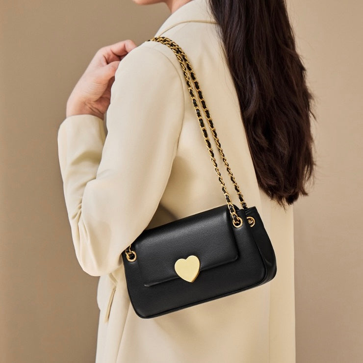 Sac bandoulière en cuir véritable pour femme avec chaîne et boucle en forme de cœur