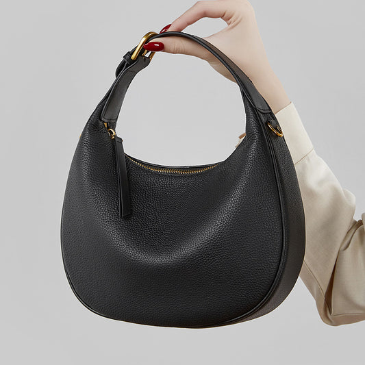 Modern Half-Moon Genuine Leather Bag - Versatile 2-Way Carry Pebbled Hobo