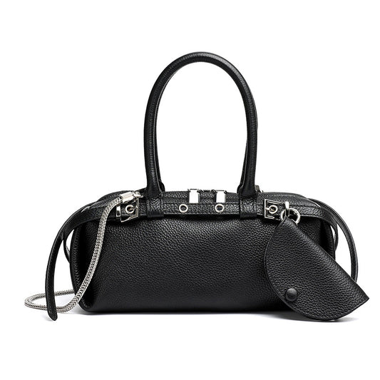 Refined Genuine Leather Petite Boston Clutch Bag with Mini Pouch
