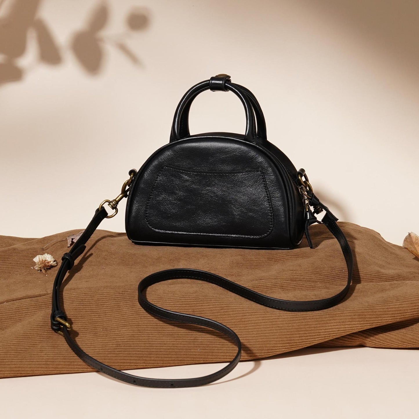 The Vintage Dome Genuine Leather Mini Boston Crossbody Bag with Top Handle