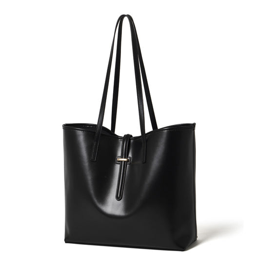 Spacious Plain Genuine Leather Tote Set Minimalist Shoulder Bag