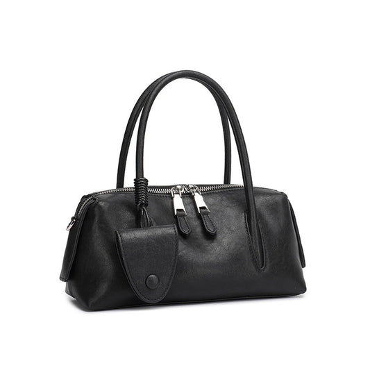 Minimalist Genuine Leather Boston Clutch Bag with Detachable Leather Tag Charm