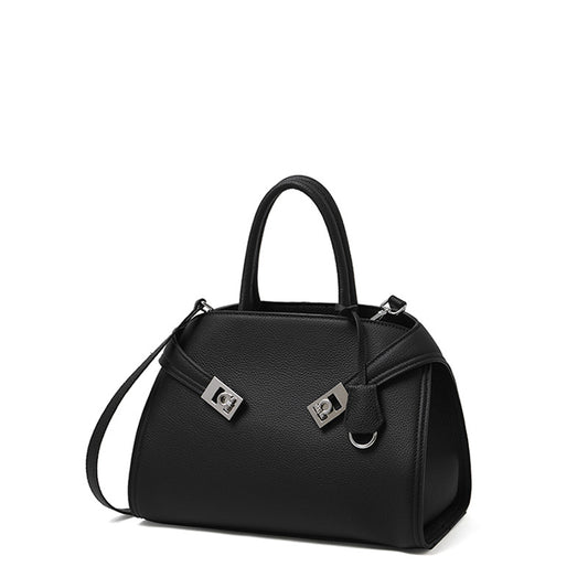 Luxury Retro Genuine Leather Lychee Pattern Double Buckle Tote Crossbody Bag