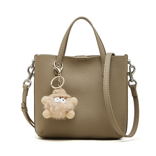 Textured Pebbled Genuine Leather Shoulder Bucket Crossbody Bag with Whimsical Charm