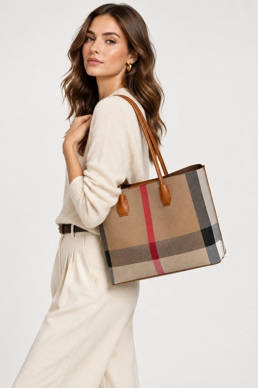 Classic British Plaid Colorblock Vegan Eco-Leather Tote Bag
