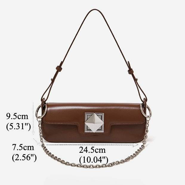 Bolso baguette minimalista de cuero genuino liso con hebilla plateada