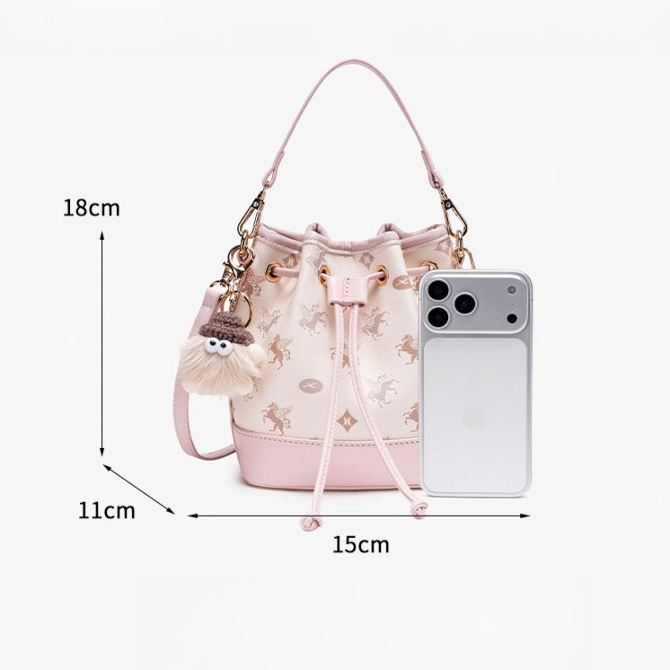 Ethereal Pegasus Pattern Vegan Eco-Leather Bucket Clutch Bag with Lovely Charm