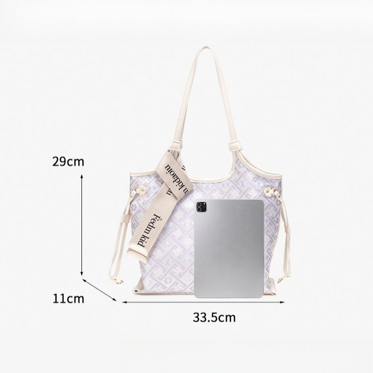 Elegant Oriental Embroidery Vegan Eco-Leather Tote Clutch Bag with Charm