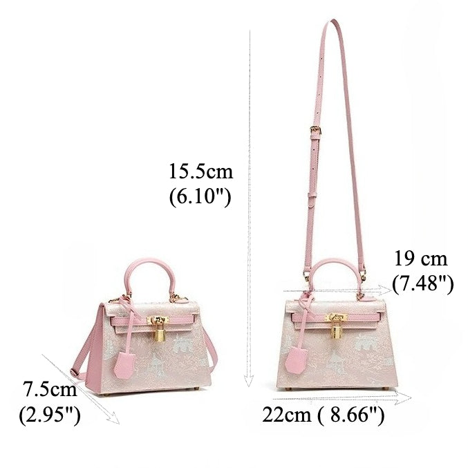 Elegant Oriental Brocade Genuine Leather Kelly Clutch Bag with Charm