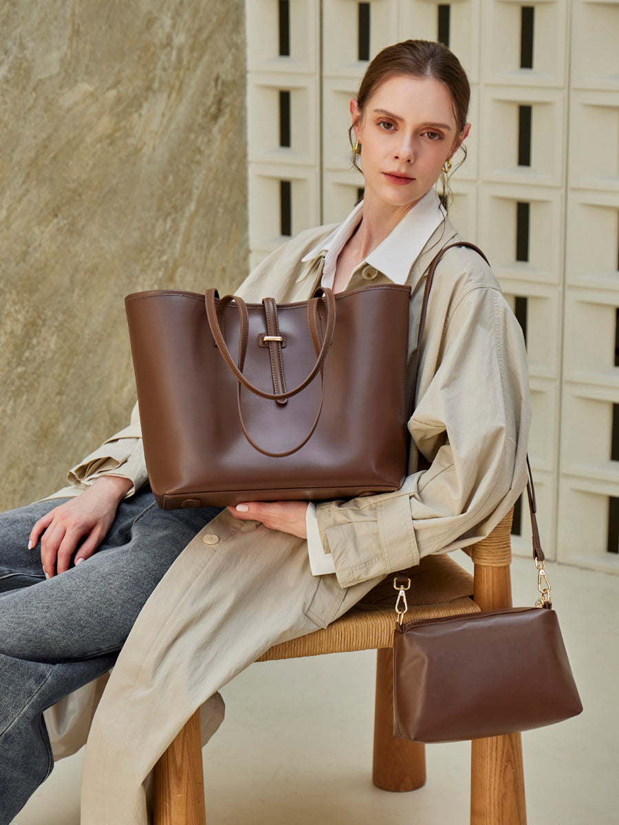 Set di ampie borse tote semplici in vera pelle, minimaliste, da spalla
