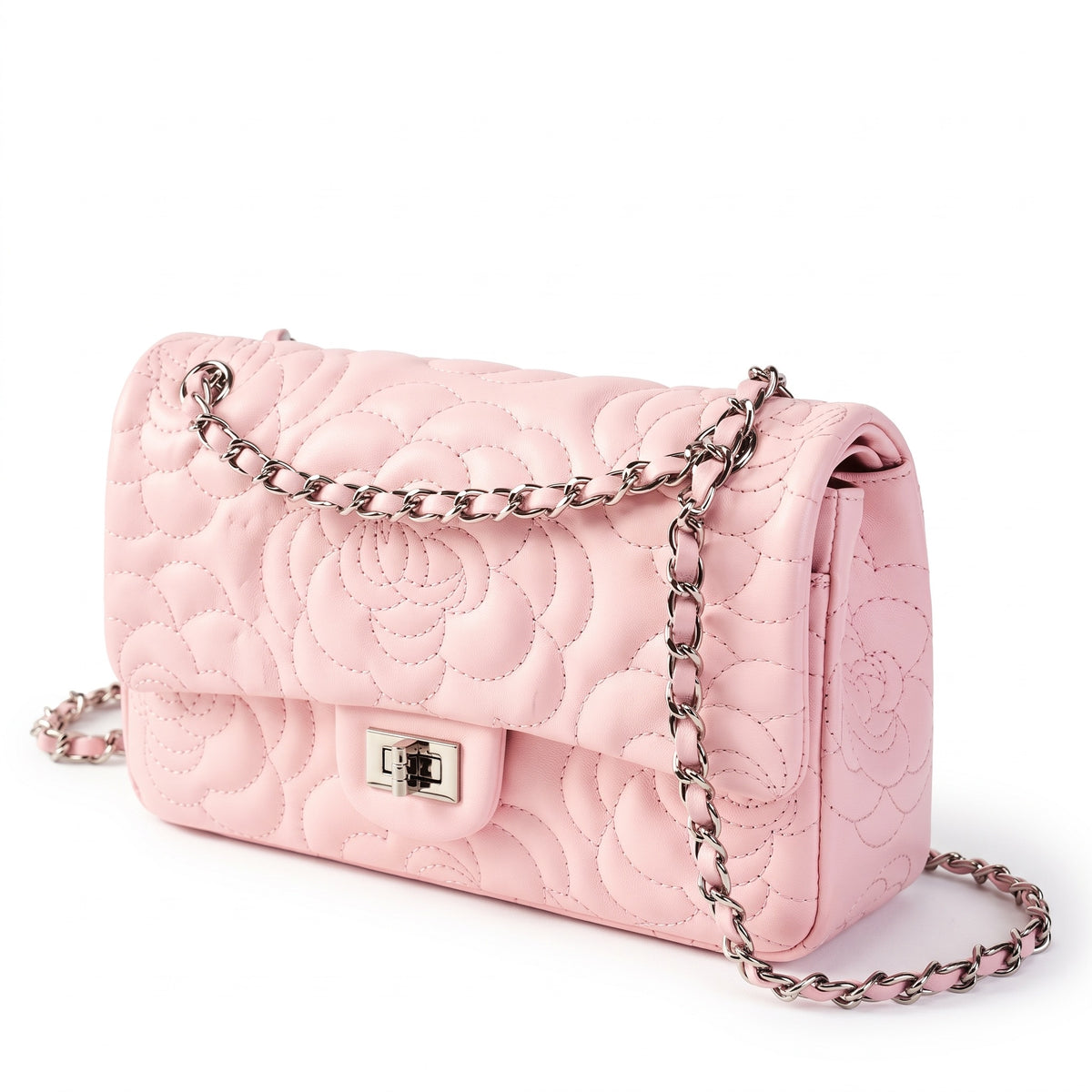 Geantă crossbody matlasată pentru femei, din piele naturală de oaie, cu lanț și model Camellia