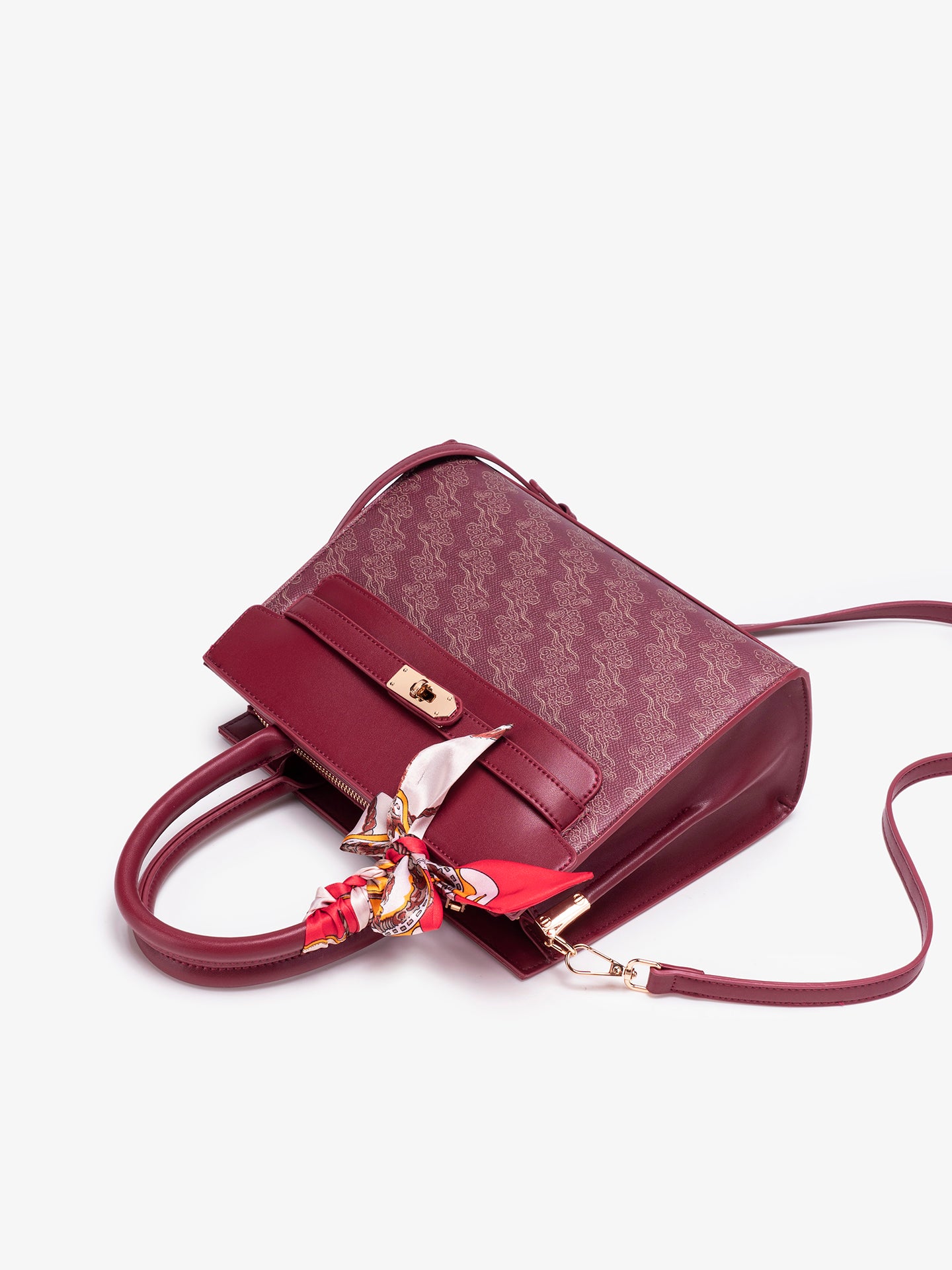 Regal Oriental Cloud Vegan Eco-Leather Tote Clutch Bag with Silk Scarf Charm