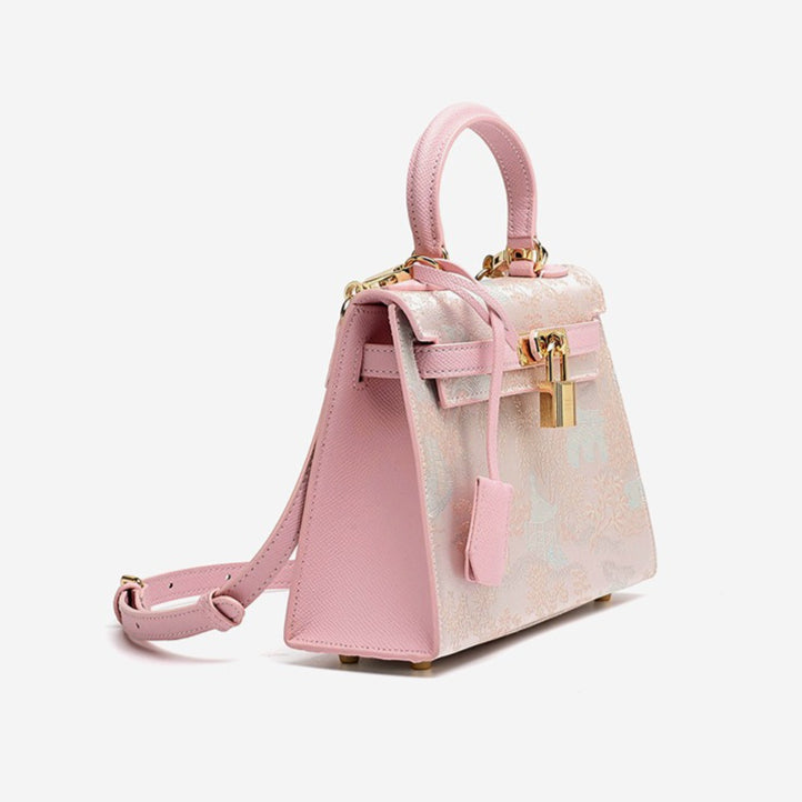 Elegant Oriental Brocade Genuine Leather Kelly Clutch Bag with Charm