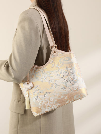 Ethereal Crane Pattern Vegan Eco-Leather Tote Clutch Bag with Tassel Charm