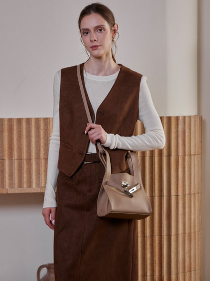 Classic Genuine Leather Chic Daily Crossbody Bucket Bag