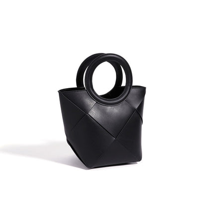 Refined Geometric Woven Genuine Leather Mini Bucket Clutch Bag