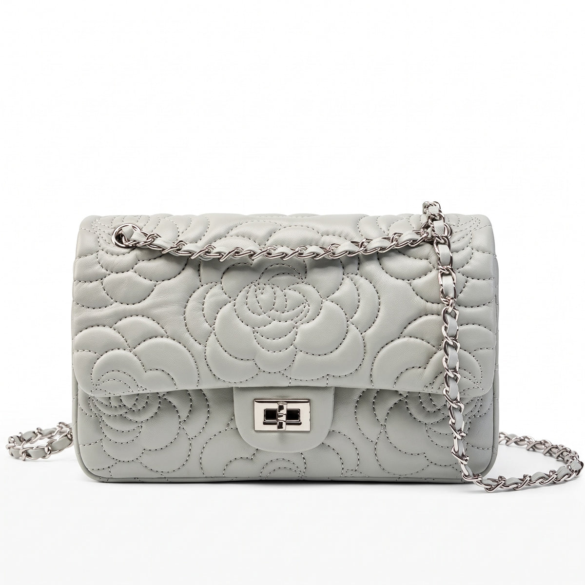 Geantă crossbody matlasată pentru femei, din piele naturală de oaie, cu lanț și model Camellia