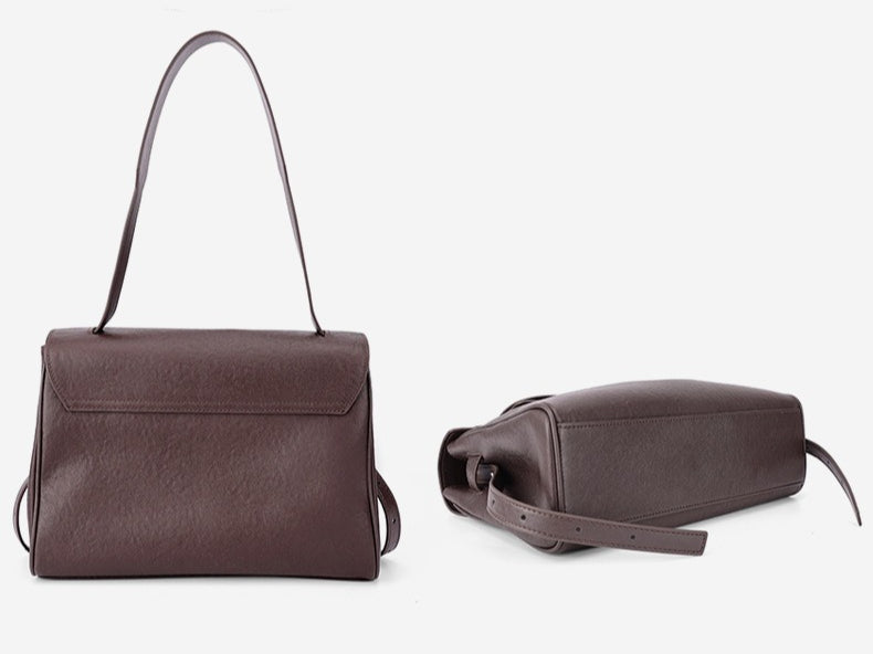 Vintage Lock-Accent Satchel Crossbody Genuine Leather Bag